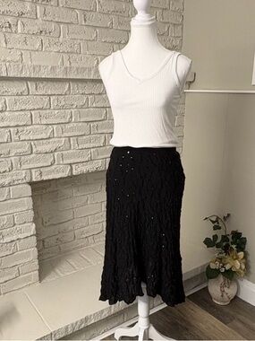 Vintage Frank Lyman Black Crinkle Sequin Hanky Hem Midi Skirt Size 4